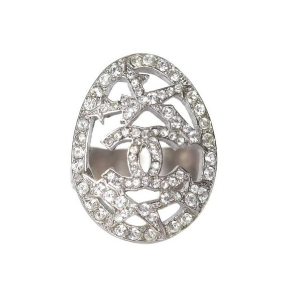 CHANEL Oval Statement Silver Cocktail Crystal Comete Star Pendant 07A Ring Sz6 - Picture 2 of 7